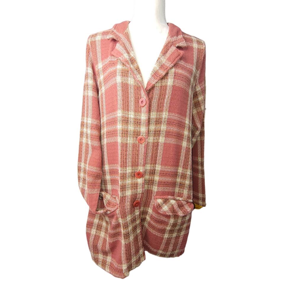 Flax Womens Medium Flannel Button‎ Shacket Red Cream Collar Lagonlook Longline